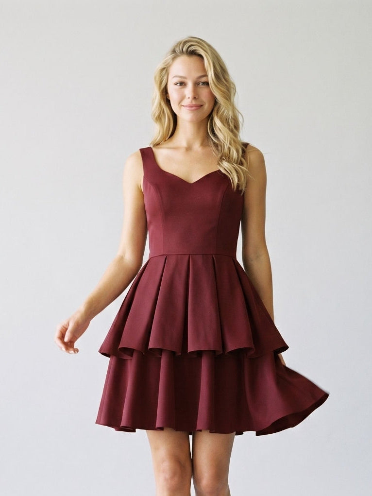 Burgundy Matte Satin A-Line V-Neck Back Zip Short Birthday Dress with Pleating - Curvevia
