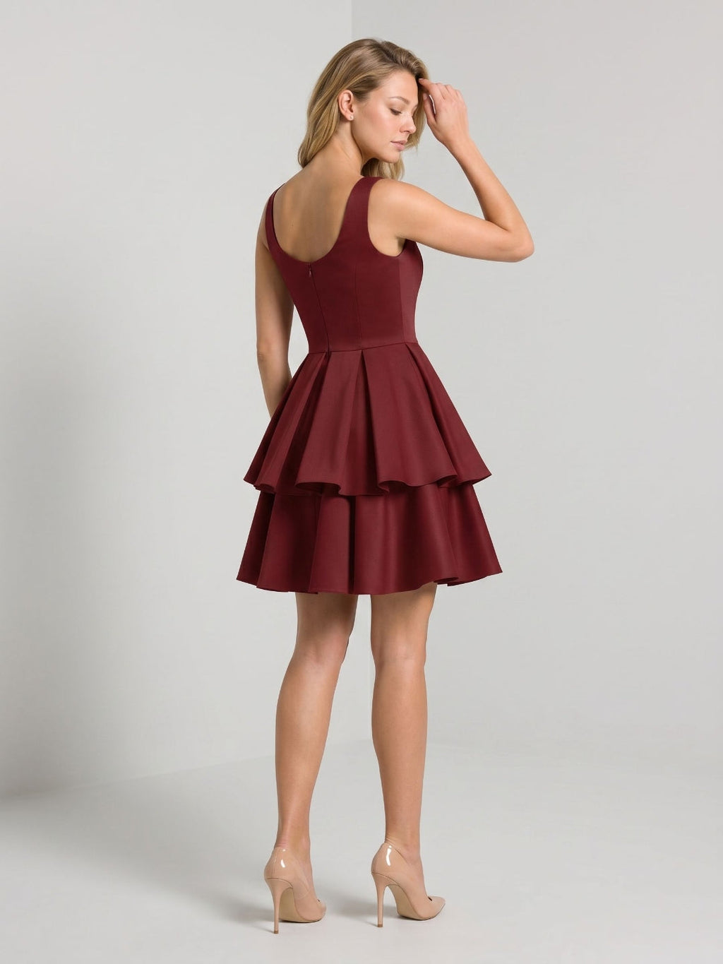 Burgundy Matte Satin A-Line V-Neck Back Zip Short Birthday Dress with Pleating - Curvevia