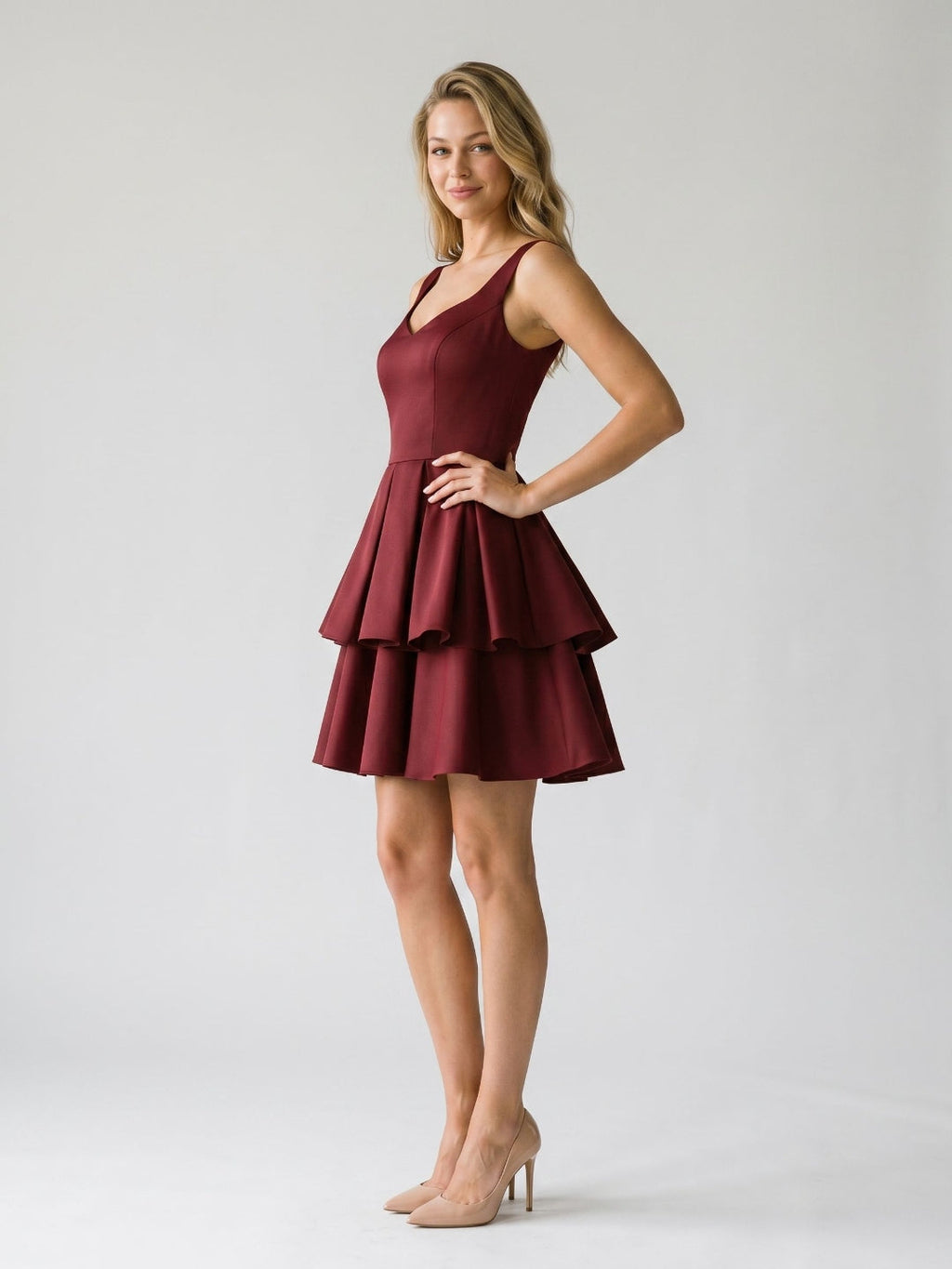 Burgundy Matte Satin A-Line V-Neck Back Zip Short Birthday Dress with Pleating - Curvevia