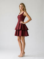Burgundy Matte Satin A-Line V-Neck Back Zip Short Birthday Dress with Pleating - Curvevia