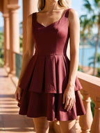 Burgundy Matte Satin A-Line V-Neck Back Zip Short Birthday Dress with Pleating - Curvevia