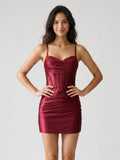Burgundy Matte Satin Sheath Sweetheart Lace-Up Back Short Dress with Pleating - Curvevia