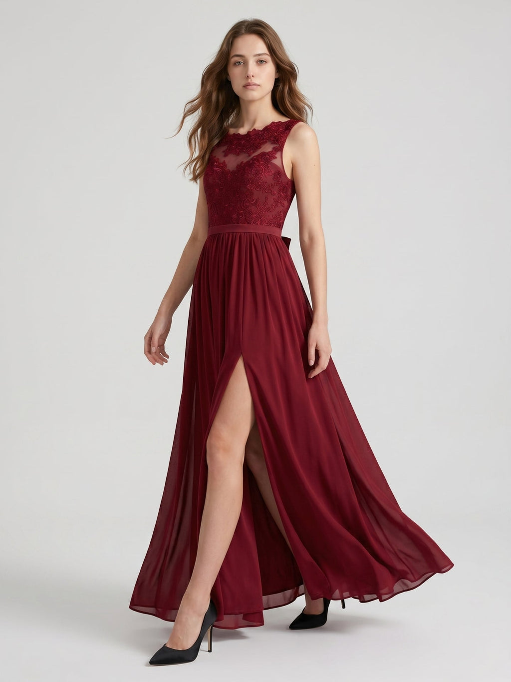 Burgundy Satin A-Line Scoop Neck V-Back Ankle-Length Bridesmaid Dress with Bow - Curvevia