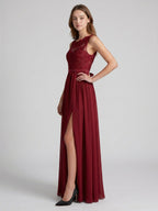 Burgundy Satin A-Line Scoop Neck V-Back Ankle-Length Bridesmaid Dress with Bow - Curvevia