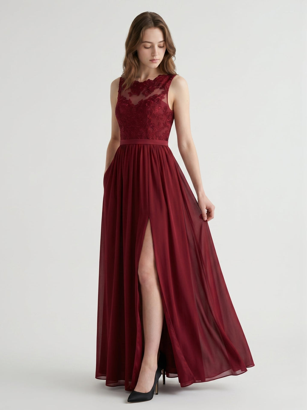 Burgundy Satin A-Line Scoop Neck V-Back Ankle-Length Bridesmaid Dress with Bow - Curvevia