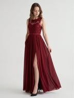 Burgundy Satin A-Line Scoop Neck V-Back Ankle-Length Bridesmaid Dress with Bow - Curvevia