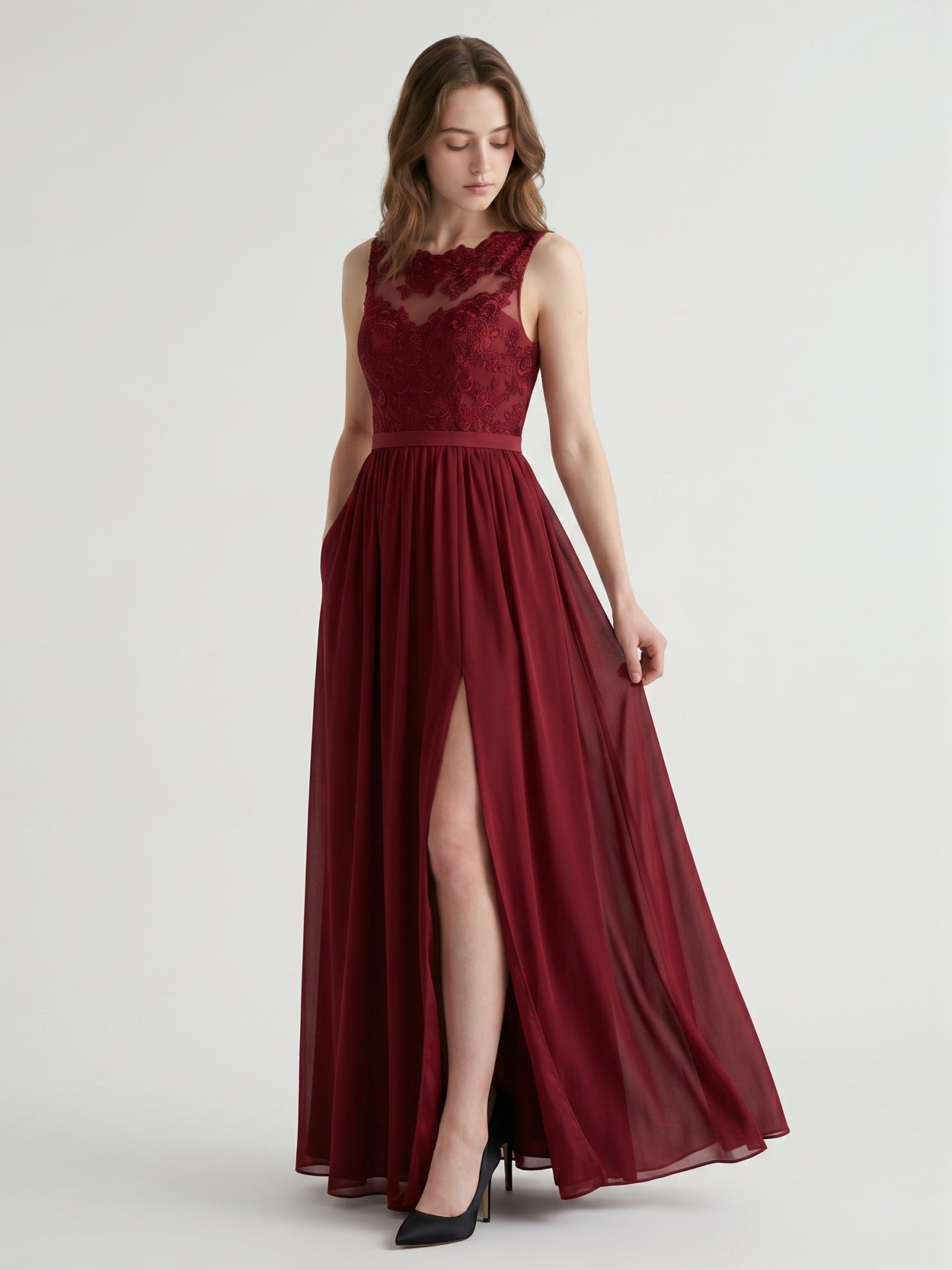 Burgundy Satin A-Line Scoop Neck V-Back Ankle-Length Bridesmaid Dress with Bow - Curvevia