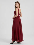 Burgundy Satin A-Line Scoop Neck V-Back Ankle-Length Bridesmaid Dress with Bow - Curvevia