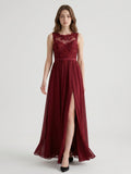 Burgundy Satin A-Line Scoop Neck V-Back Ankle-Length Bridesmaid Dress with Bow - Curvevia