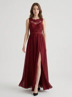 Burgundy Satin A-Line Scoop Neck V-Back Ankle-Length Bridesmaid Dress with Bow - Curvevia