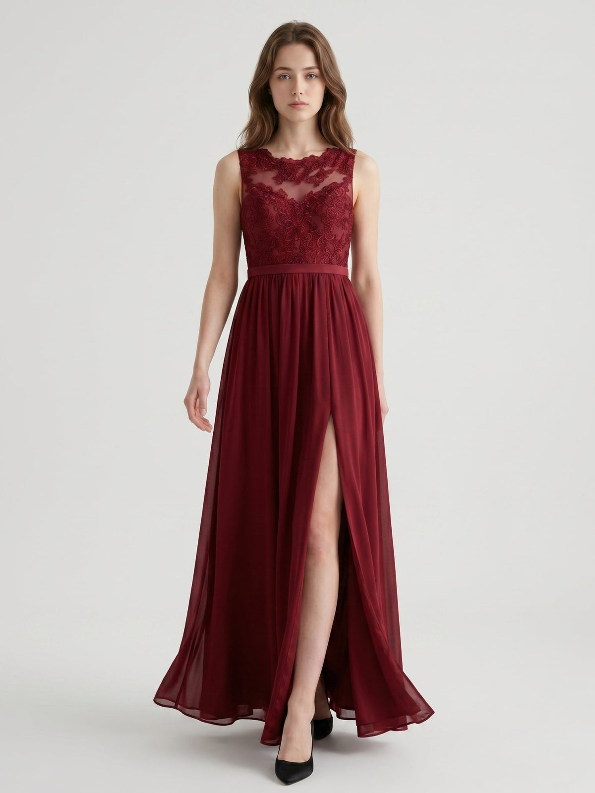 Burgundy Satin A-Line Scoop Neck V-Back Ankle-Length Bridesmaid Dress with Bow - Curvevia