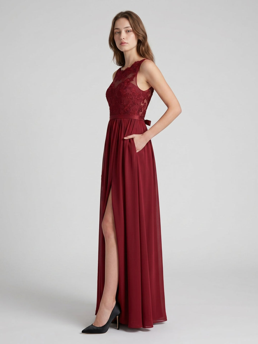 Burgundy Satin A-Line Scoop Neck V-Back Ankle-Length Bridesmaid Dress with Bow - Curvevia