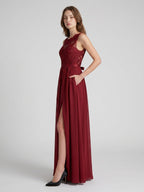Burgundy Satin A-Line Scoop Neck V-Back Ankle-Length Bridesmaid Dress with Bow - Curvevia