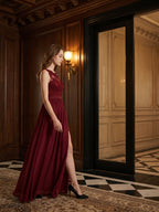 Burgundy Satin A-Line Scoop Neck V-Back Ankle-Length Bridesmaid Dress with Bow - Curvevia