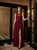 Burgundy Satin A-Line Scoop Neck V-Back Ankle-Length Bridesmaid Dress with Bow - Curvevia