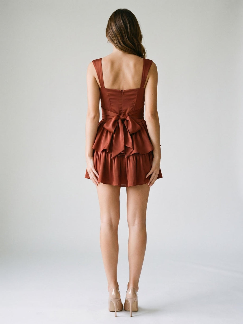 Burgundy Satin A-Line Square Neck Back Zip Short Dress with Cascading Ruffles - Curvevia