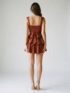 Burgundy Satin A-Line Square Neck Back Zip Short Dress with Cascading Ruffles - Curvevia