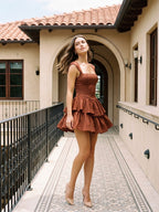 Burgundy Satin A-Line Square Neck Back Zip Short Dress with Cascading Ruffles - Curvevia