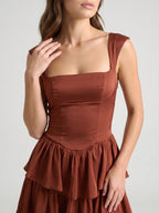Burgundy Satin A-Line Square Neck Back Zip Short Dress with Cascading Ruffles - Curvevia