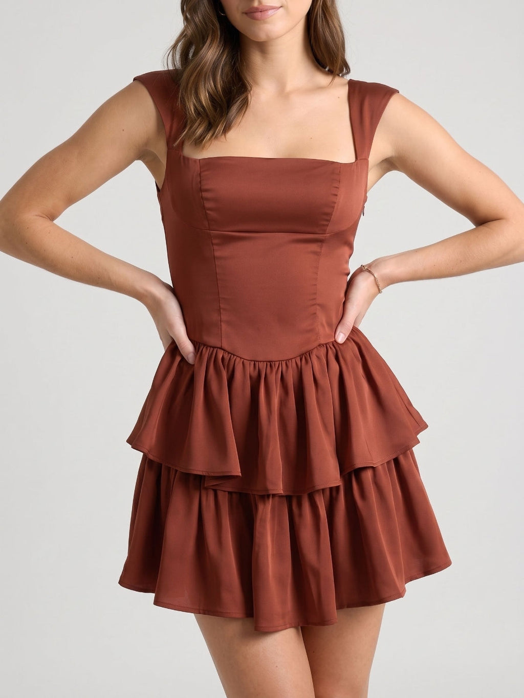 Burgundy Satin A-Line Square Neck Back Zip Short Dress with Cascading Ruffles - Curvevia