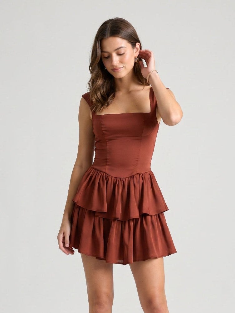 Burgundy Satin A-Line Square Neck Back Zip Short Dress with Cascading Ruffles - Curvevia