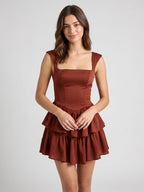 Burgundy Satin A-Line Square Neck Back Zip Short Dress with Cascading Ruffles - Curvevia