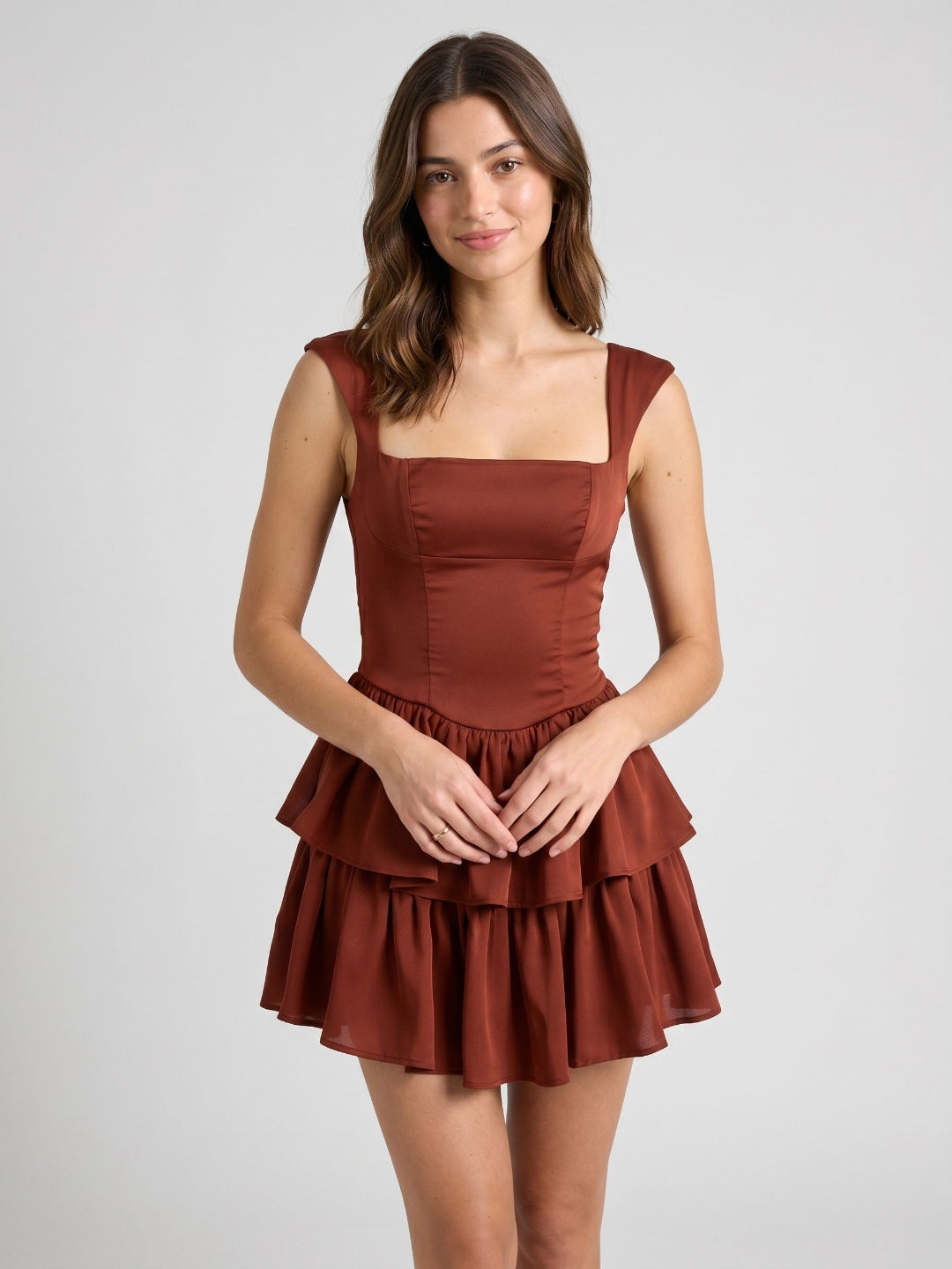 Burgundy Satin A-Line Square Neck Back Zip Short Dress with Cascading Ruffles - Curvevia