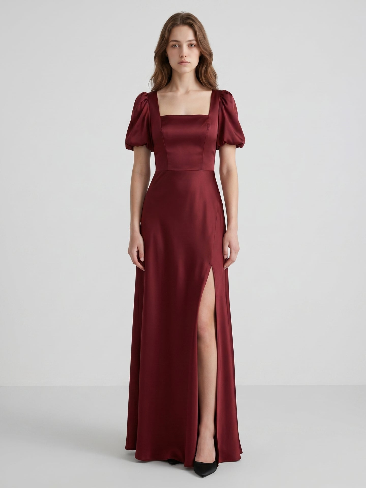 Burgundy Satin A-Line Square Neck Backless Floor-Length Bridesmaid Dress with Pleats - Curvevia