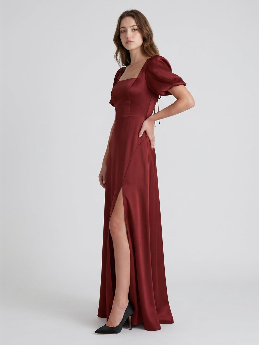 Burgundy Satin A-Line Square Neck Backless Floor-Length Bridesmaid Dress with Pleats - Curvevia
