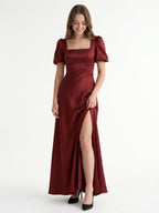 Burgundy Satin A-Line Square Neck Backless Floor-Length Bridesmaid Dress with Pleats - Curvevia