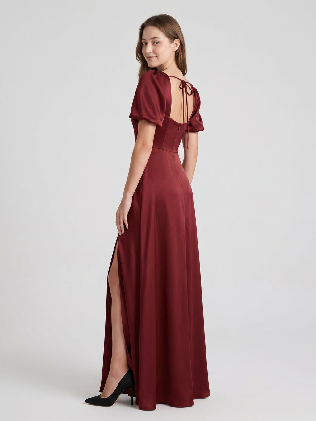 Burgundy Satin A-Line Square Neck Backless Floor-Length Bridesmaid Dress with Pleats - Curvevia