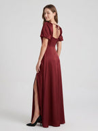 Burgundy Satin A-Line Square Neck Backless Floor-Length Bridesmaid Dress with Pleats - Curvevia