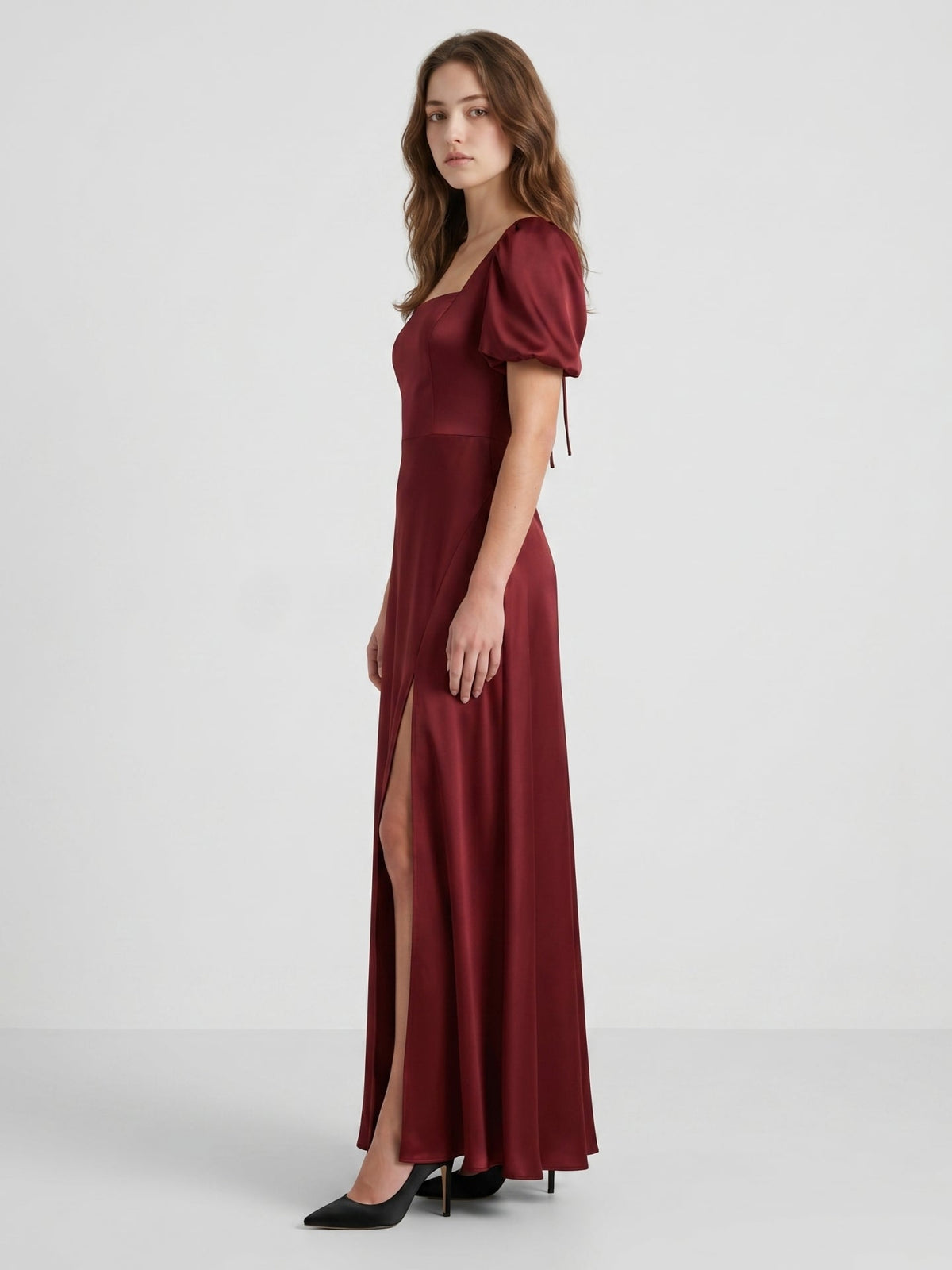 Burgundy Satin A-Line Square Neck Backless Floor-Length Bridesmaid Dress with Pleats - Curvevia