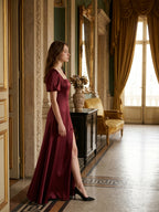 Burgundy Satin A-Line Square Neck Backless Floor-Length Bridesmaid Dress with Pleats - Curvevia