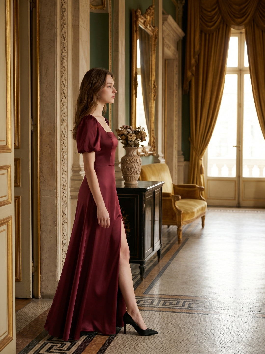 Burgundy Satin A-Line Square Neck Backless Floor-Length Bridesmaid Dress with Pleats - Curvevia