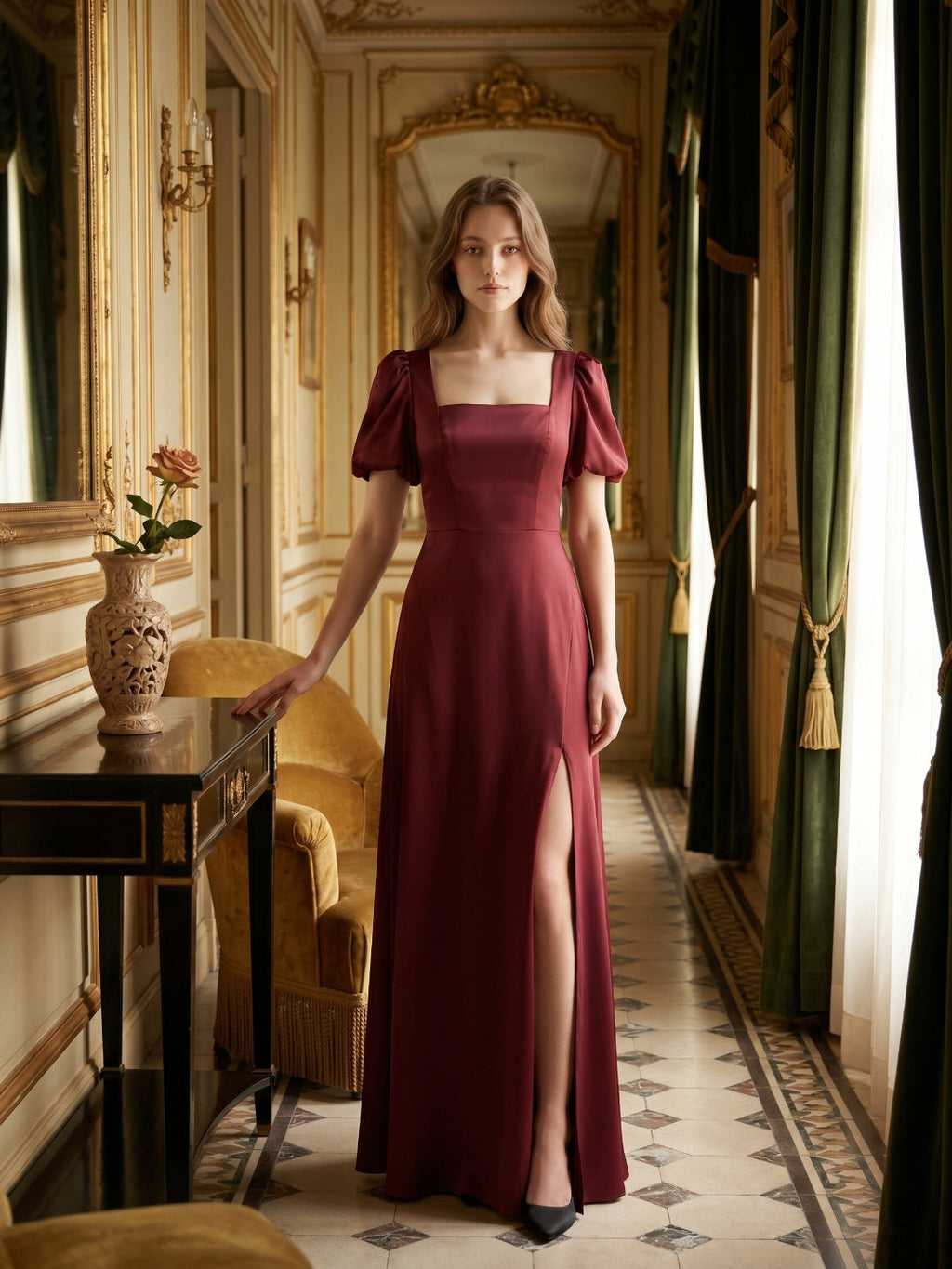 Burgundy Satin A-Line Square Neck Backless Floor-Length Bridesmaid Dress with Pleats - Curvevia