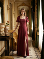 Burgundy Satin A-Line Square Neck Backless Floor-Length Bridesmaid Dress with Pleats - Curvevia