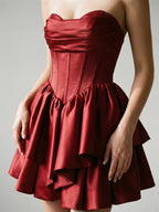 Burgundy Satin A-Line Sweetheart Back Zip Short Homecoming Dress with Pleating - Curvevia