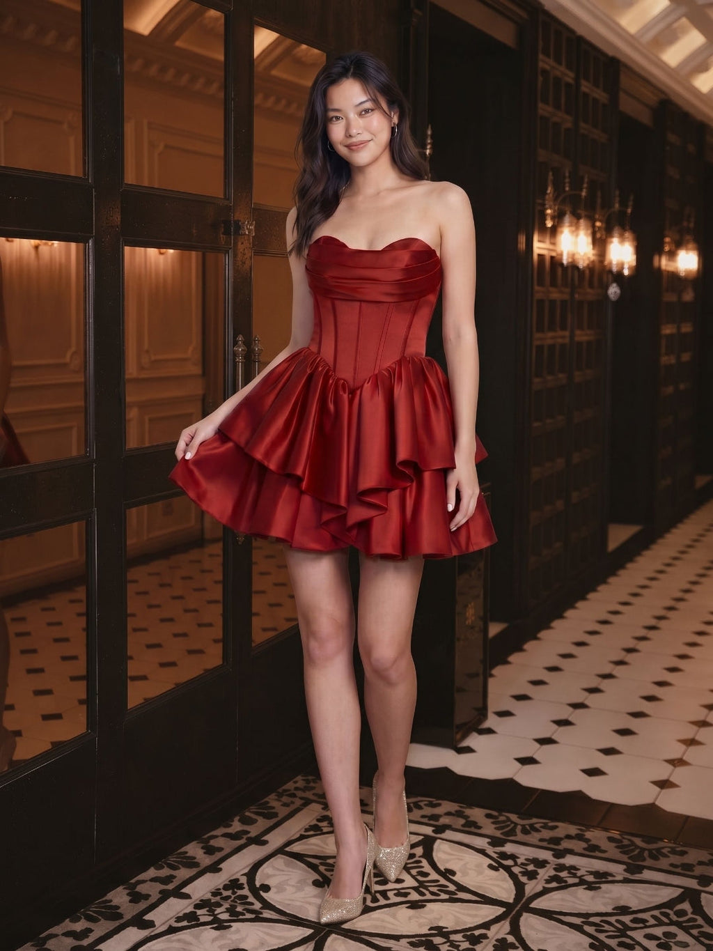 Burgundy Satin A-Line Sweetheart Back Zip Short Homecoming Dress with Pleating - Curvevia
