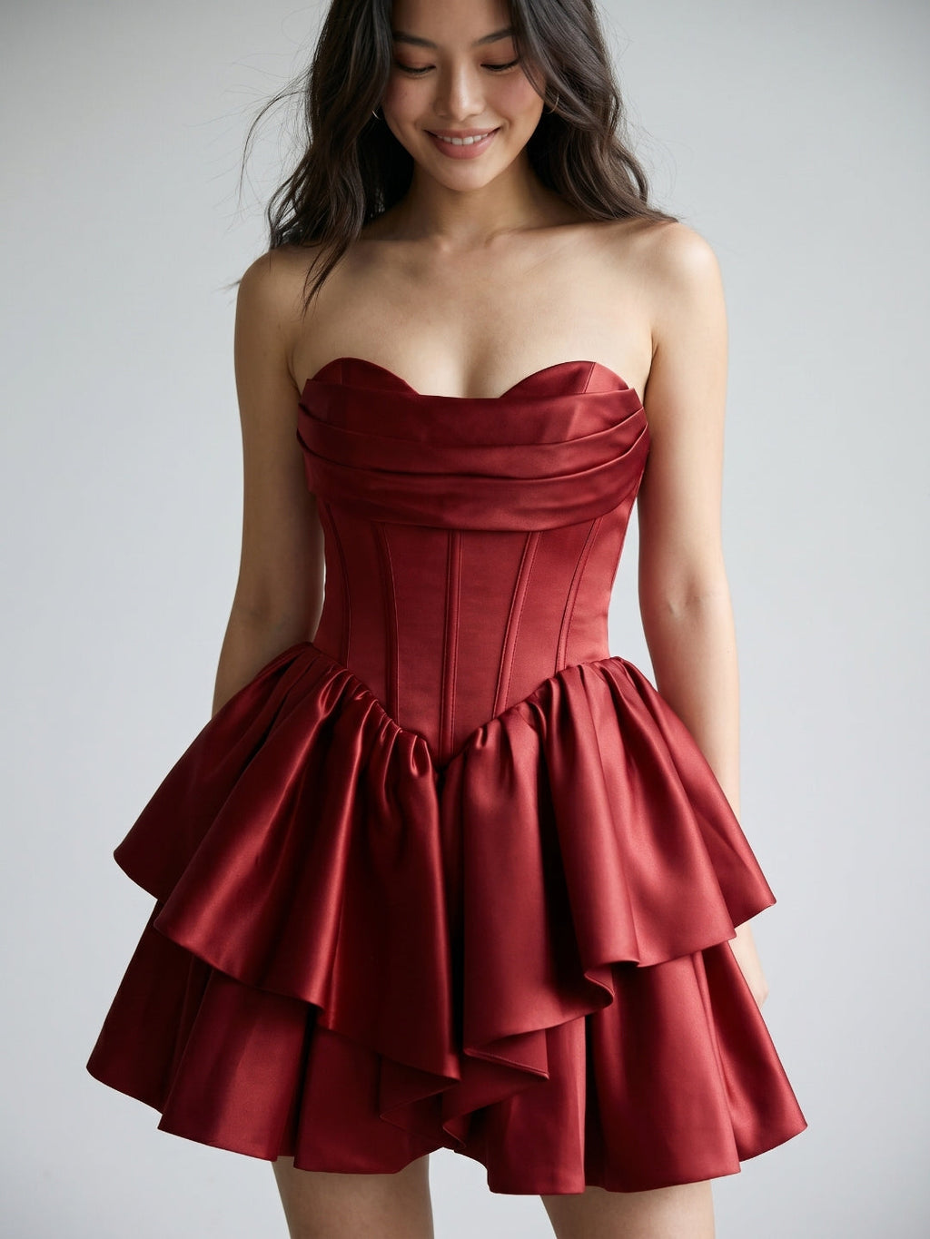 Burgundy Satin A-Line Sweetheart Back Zip Short Homecoming Dress with Pleating - Curvevia