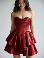Burgundy Satin A-Line Sweetheart Back Zip Short Homecoming Dress with Pleating - Curvevia