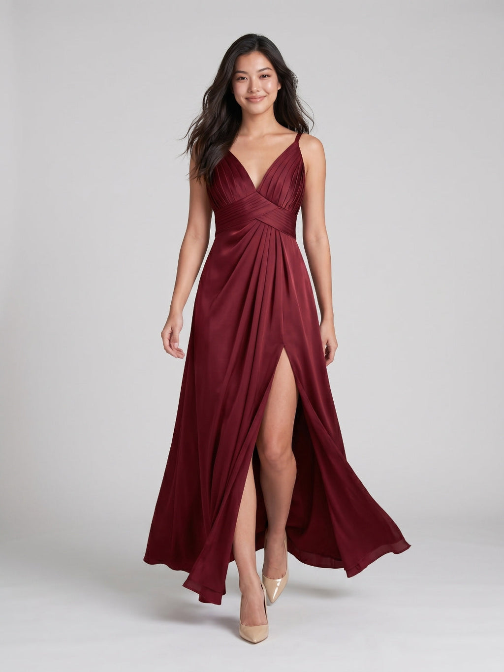 Burgundy Satin A-Line V-Neck V-Back Floor-Length Bridesmaid Dress with Pleating - Curvevia
