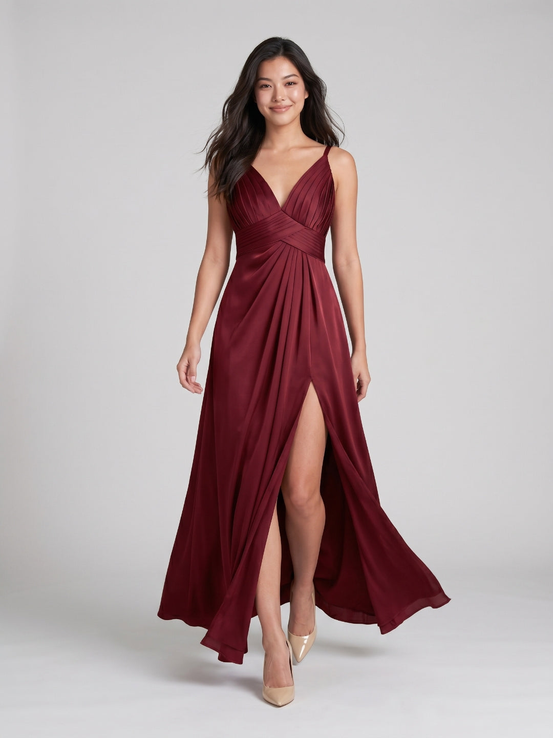 Burgundy Satin A-Line V-Neck V-Back Floor-Length Bridesmaid Dress with Pleating - Curvevia
