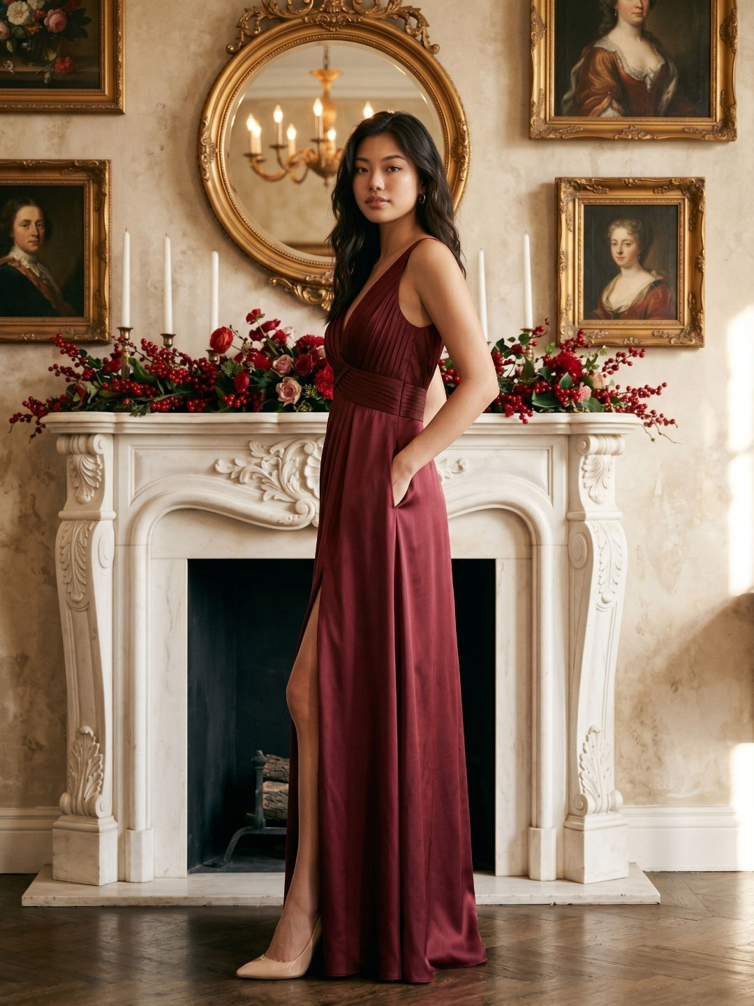 Burgundy Satin A-Line V-Neck V-Back Floor-Length Bridesmaid Dress with Pleating - Curvevia