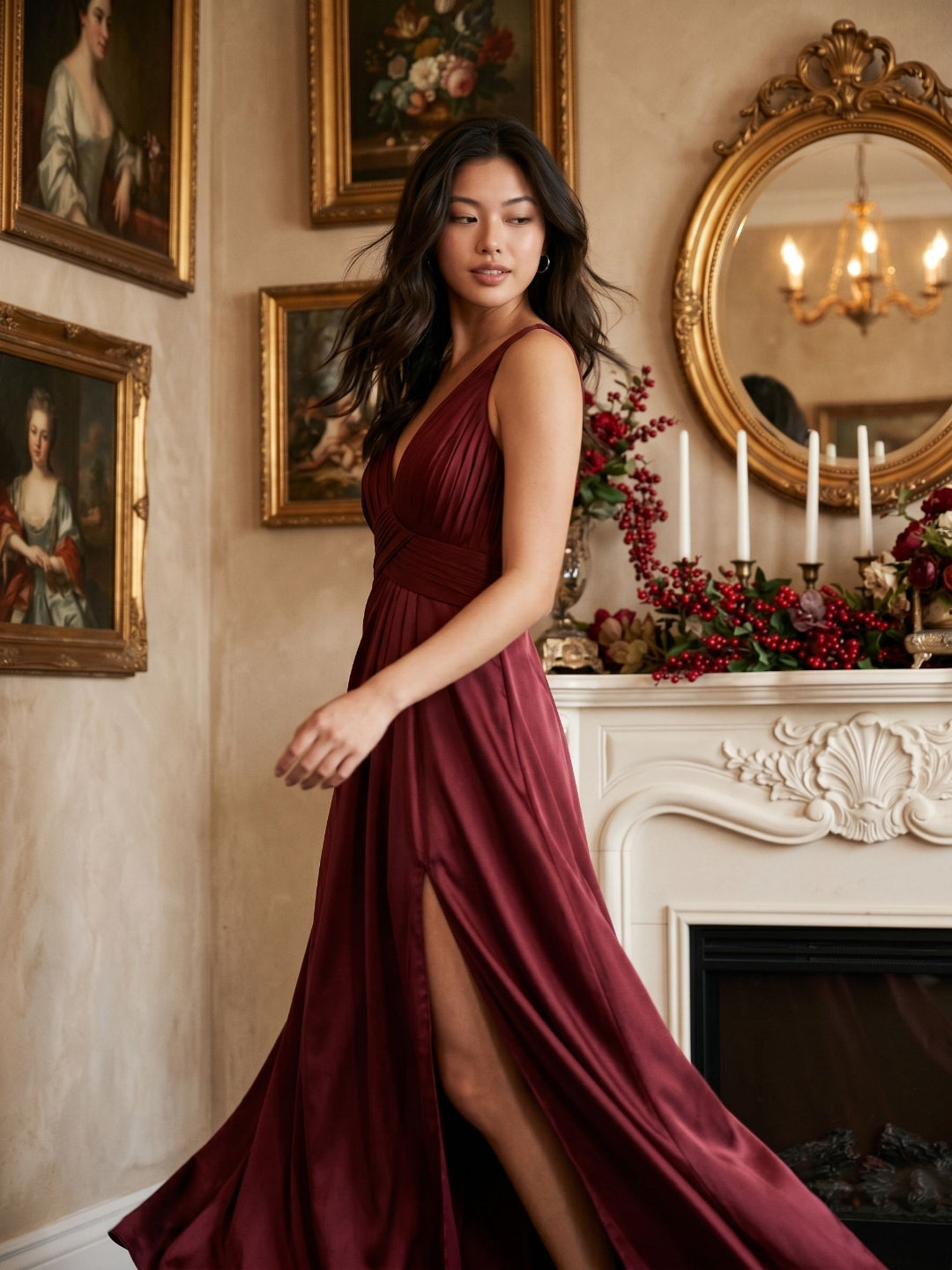 Burgundy Satin A-Line V-Neck V-Back Floor-Length Bridesmaid Dress with Pleating - Curvevia