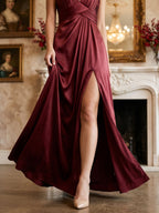 Burgundy Satin A-Line V-Neck V-Back Floor-Length Bridesmaid Dress with Pleating - Curvevia