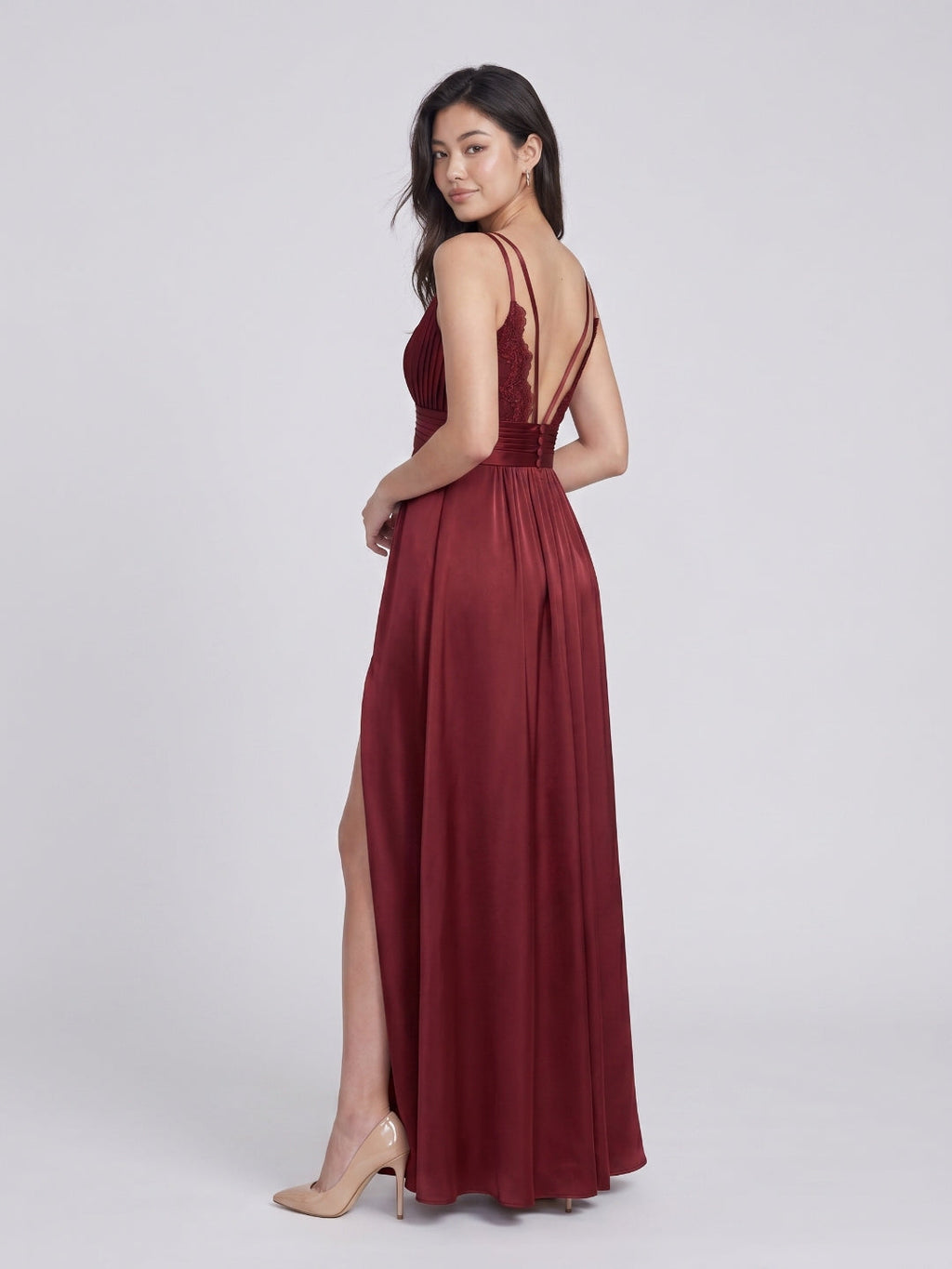 Burgundy Satin A-Line V-Neck V-Back Floor-Length Bridesmaid Dress with Pleating - Curvevia