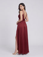 Burgundy Satin A-Line V-Neck V-Back Floor-Length Bridesmaid Dress with Pleating - Curvevia