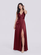 Burgundy Satin A-Line V-Neck V-Back Floor-Length Bridesmaid Dress with Pleating - Curvevia