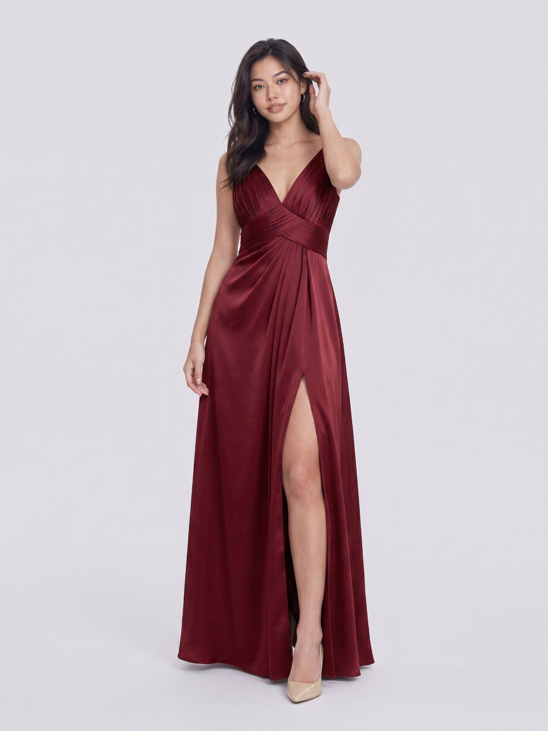 Burgundy Satin A-Line V-Neck V-Back Floor-Length Bridesmaid Dress with Pleating - Curvevia